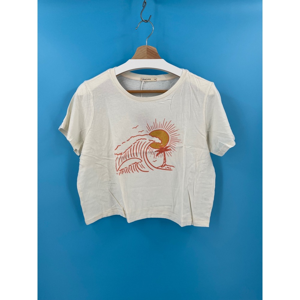 Marine Layer Easy Crop Graphic Tee‎ Antique White Orange Sun Wave NWT Size M USA